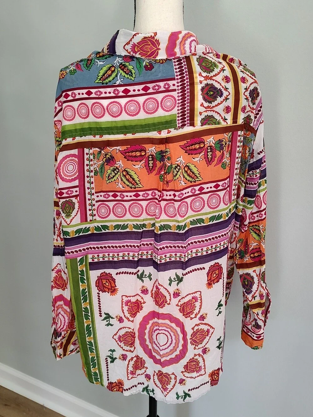 Calypso St. Barth Patchwork Style Festive Floral Red Button Down Shirt 2X
